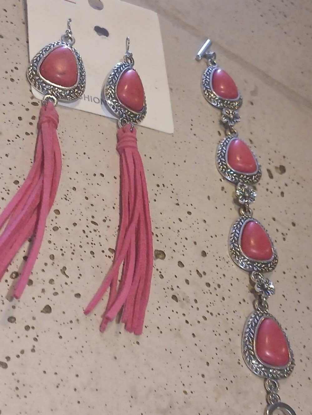 Pink Teardrop Bracelet and Tassel Earring Set - Women Jewelry